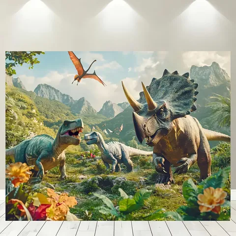 Dinosaur Forest Theme Photography Backdrop Tyrannosaurus Rex Jungle Realistic Print Children Birthday Party Decoration Polyester Tapestry