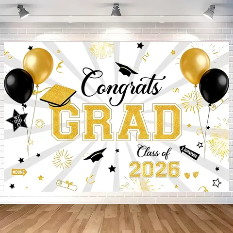 Toile de Fond de Remise des Diplômes Classe de 2026 Décorations de Fête Congrats Grad Noir Or Pongé Arrière-Plan Photographique Bannière pour Cérémonie Intérieure Tenture