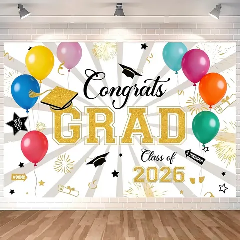 Toile de Fond de Remise des Diplômes Classe de 2026 Décorations de Fête Congrats Grad Noir Or Pongé Arrière-Plan Photographique Bannière pour Cérémonie Intérieure Tenture