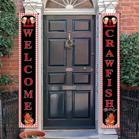 Crawfish Boil Porch Banner Gingham Lobster Outdoor Party Decoration Welcome Hanging Flag For Backyard BBQ Picnic Backyard