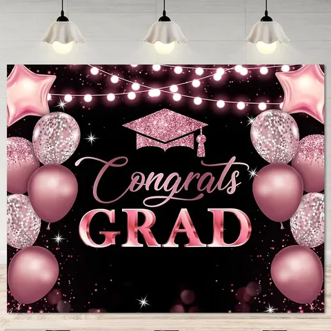 Fond de Photographie Fête Remise Diplômes Or Rose Noir Bannière Félicitations Ballons Toque Étoiles Imprimé Décoration Fête