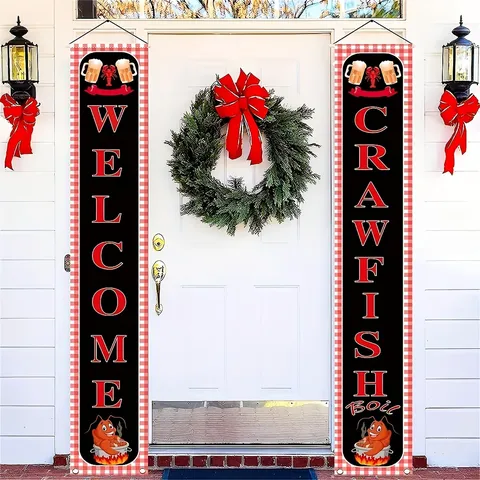 Crawfish Boil Porch Banner Gingham Lobster Outdoor Party Decoration Welcome Hanging Flag For Backyard BBQ Picnic Backyard