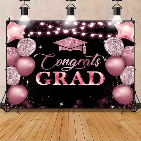 Fond de Photographie Fête Remise Diplômes Or Rose Noir Bannière Félicitations Ballons Toque Étoiles Imprimé Décoration Fête