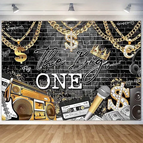 Hip Hop Theme 1st Birthday Photography Backdrop Polyester Retro Boombox Cassette Tape Pattern Boy One Year Old Party Decor Wall Hanging Tapestry