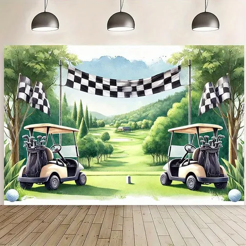 Golf Theme Photography Backdrop Watercolor Sports Golf Cart Checkered Flag Printed Polyester Tapestry For Kids Party Decoration