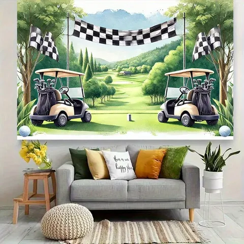Golf Theme Photography Backdrop Watercolor Sports Golf Cart Checkered Flag Printed Polyester Tapestry For Kids Party Decoration