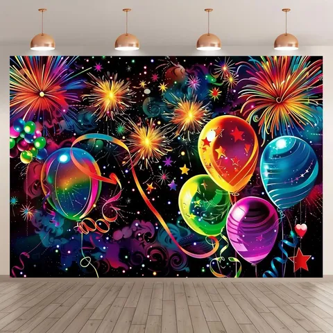 Colorful Carnival Fireworks Balloon Photography Backdrop Cloth Polyester Party Banner Decoration Photo Background For Birthday Celebration Studio Props