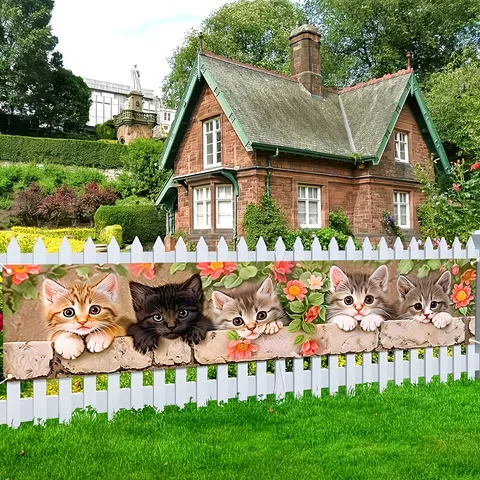 Cute Cat Floral Theme Decorative Banner Outdoor Yard Fence Hanging Decorative Tapestry For Home Pet Party Decor