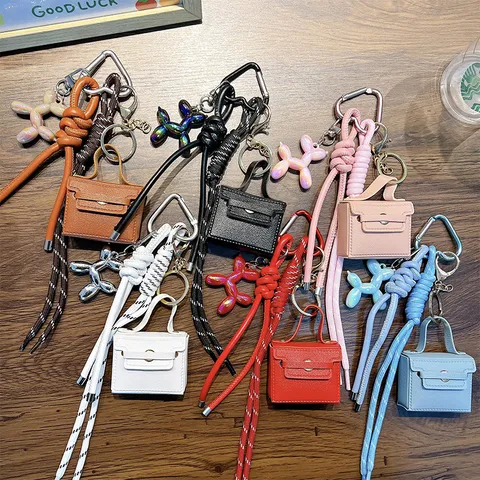 Mini Bolso Cuadrado Llavero Cuero PU Colgante de Mochila Perro Globo Cuerda Trenzada Llavero Accesorio de Moda Regalo para Mujer