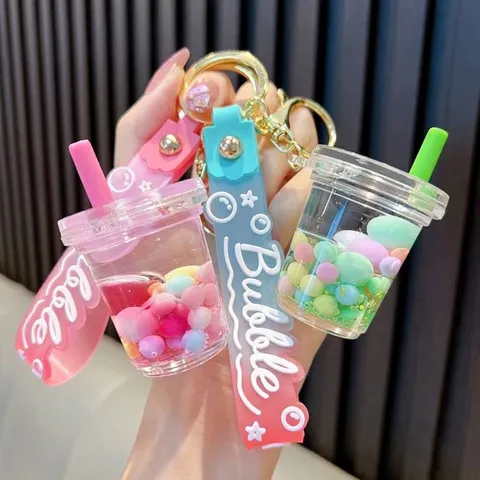 Creative Liquid Sand Bubble Tea Cup Keychain Acrylic In-Oil Quicksand Bag Pendant Colorful Beads Silicone Strap Metal Clasp Women Girl Gift