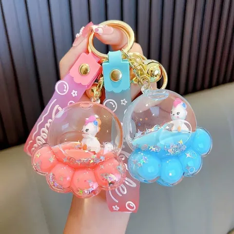 Acrylic Liquid Quicksand Unicorn Bear Paw Keychain Floating Glitter Bottle Car Bag Pendant Cute Gift for Women Girls