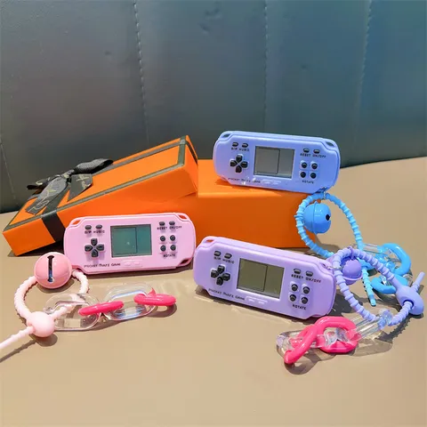 Retro Mini Handheld Game Console Keychain Cute Creative Pocket Multi Game Tetris Machine Pendant Bag Hanging Ornament With Bell