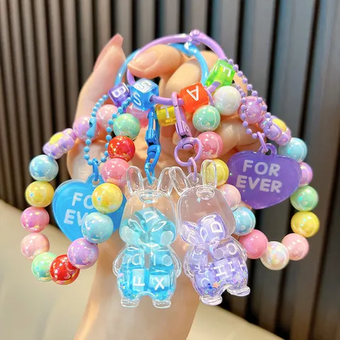 Schattige Acryl Geregen Konijn Sleutelhanger Armband Hart Hanger Drijfzand Vloeibare Olie Tas Charm Auto Sleutelring Cadeau