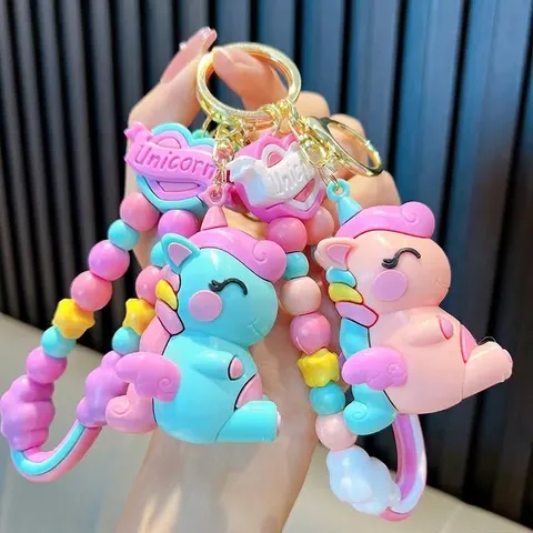 Porte-Clés Licorne Macaron Mignon Dragonne en Perles Colorées Bijou de Sac Cadeau pour Femmes Filles Pendentif Animal en PVC