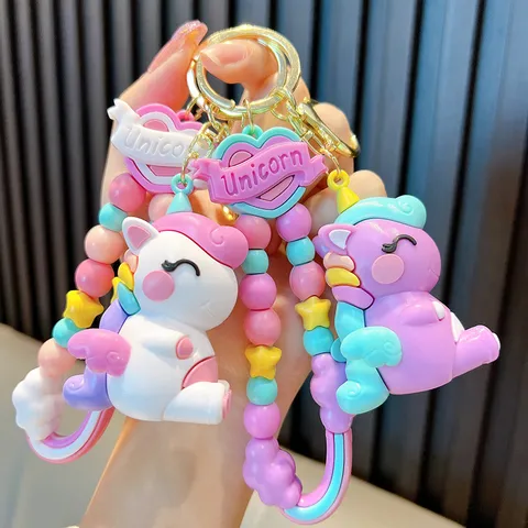 Porte-Clés Licorne Macaron Mignon Dragonne en Perles Colorées Bijou de Sac Cadeau pour Femmes Filles Pendentif Animal en PVC