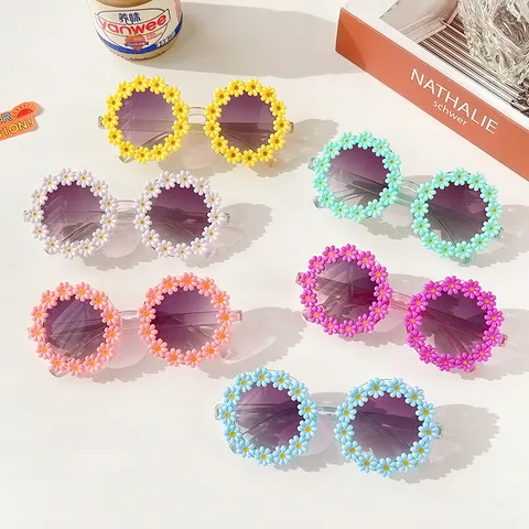 Simpatici Occhiali da Sole a Forma di Margherita per Bambini Montatura in PC Trasparente Protezione UV400 Festa Spiaggia Forma Rotonda