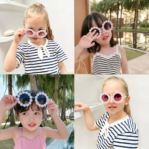 Simpatici Occhiali da Sole a Forma di Margherita per Bambini Montatura in PC Trasparente Protezione UV400 Festa Spiaggia Forma Rotonda