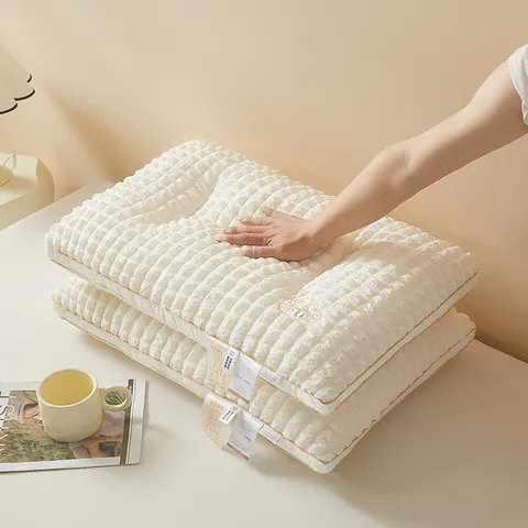Núcleo de Almohada de Algodón Seersucker 3D Soporte Cervical Almohada para Dormir Transpirable Clase A Almohada de Fibra Lavable a Máquina para Hogar Hotel Adultos