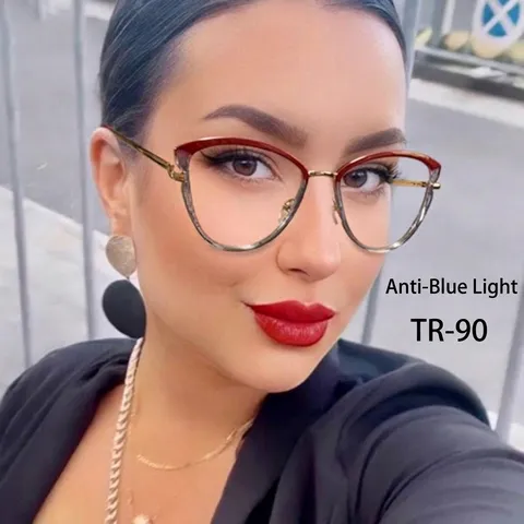 Fashion Cat Eye Glasses Frame For Women Anti Blue Light TR90 Metal Patchwork Plain Glasses Retro Eyewear Frame