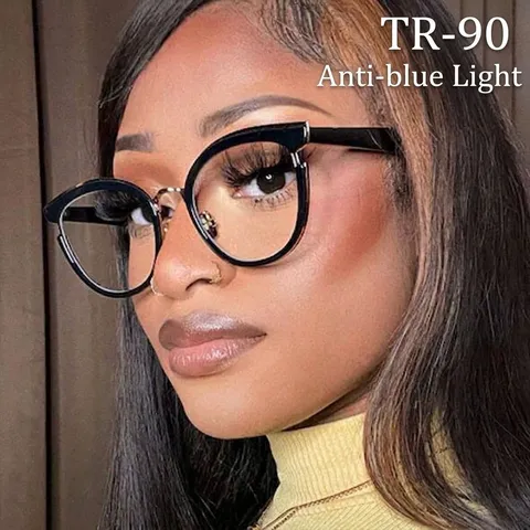 Retro Oversized Ronde Blauw Licht Filter Bril Voor Dames TR90 Lichtgewicht Montuur Mode Bril Trendy Cat Eye Optische Bril
