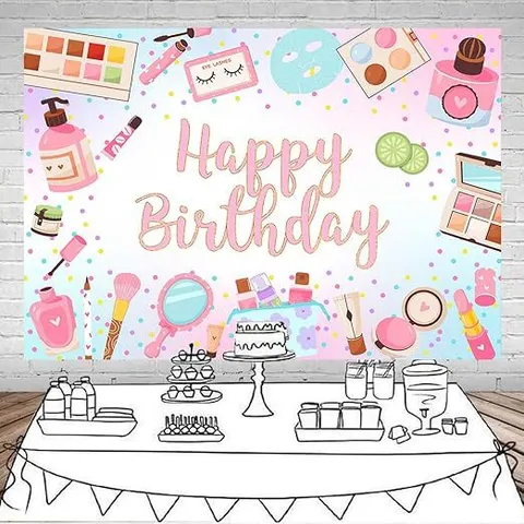 Makeup Theme Happy Birthday Photography Backdrop Girly Pink Purple Gradient Polyester Fabric Wall Hanging Banner Party Decorations Photo Booth Studio Props