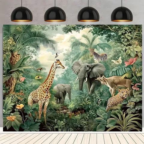 Toile de Fond Photographie Thème Safari Animaux de la Jungle Forêt Lion Éléphant Girafe Décorations de Fête d'Anniversaire pour Enfants en Polyester