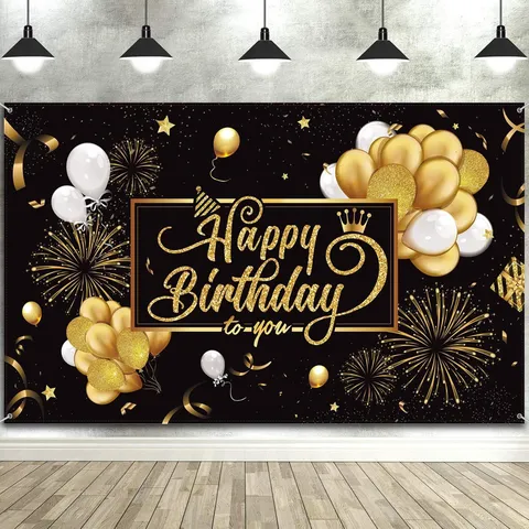 Polyester Happy Birthday Photography Backdrop Black Gold Balloon Fireworks Print Party Decoration Background Cloth Banner