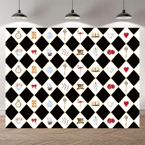 Polyester Poker Schachbrett Fotografie Hintergrund Märchen Alice Thema Party Dekoration Requisiten Alice Im Wunderland Stil Banner