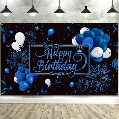 Polyester Happy Birthday Photography Backdrop Black Gold Balloon Fireworks Print Party Decoration Background Cloth Banner