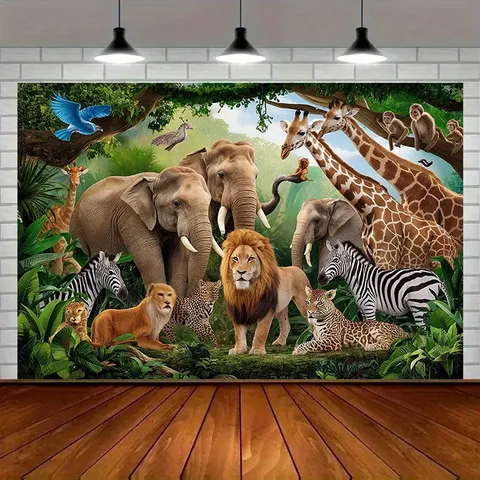 Toile de Fond Photographie Thème Safari Animaux de la Jungle Forêt Lion Éléphant Girafe Décorations de Fête d'Anniversaire pour Enfants en Polyester