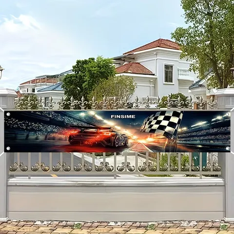 Racing Theme Party Decorative Banner Checkered Finish Flag Print Racing Car Backdrop For Garden Fence Outdoor Party Decoration