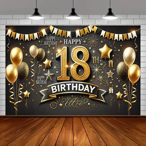 18th Birthday Backdrop Black Gold Party Decorations Happy Birthday Photography Background Balloon Ribbon Printed Backdrop