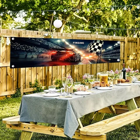 Racing Theme Party Decorative Banner Checkered Finish Flag Print Racing Car Backdrop For Garden Fence Outdoor Party Decoration