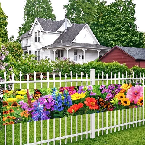 Spring Flower Butterfly Print Garden Banner For Outdoor Yard Fence Decor Colorful Polyester Floral Party Banner Decoration