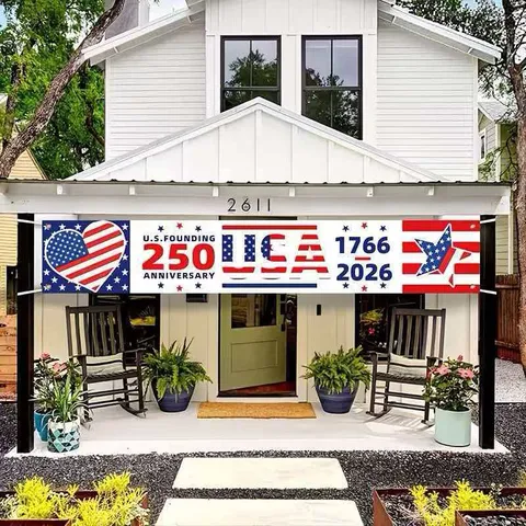 Banner για την 250η Επέτειο Ίδρυσης των ΗΠΑ 1776-2026 Καρδιά Αστέρια Ρίγες Πατριωτική Αμερικανική Σημαία Banner για Διακόσμηση Κήπου