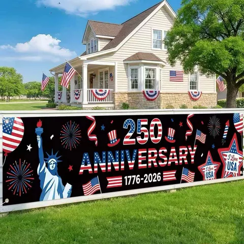 Patriotic USA 250th Anniversary Banner Polyester Statue of Liberty Flag Independence Day Outdoor Yard Garden Fence Hanging Banner Festive Decor