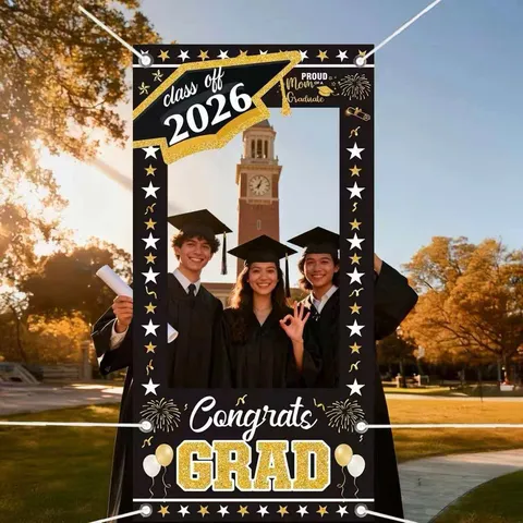 Congrats Grad Class of 2026 Graduation Photo Booth Frame Cut-out Background Cloth Graduation Party Decorations Prop Banner For High School College University Students