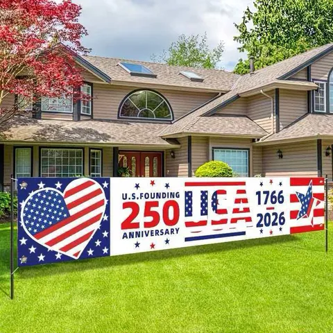 Banner για την 250η Επέτειο Ίδρυσης των ΗΠΑ 1776-2026 Καρδιά Αστέρια Ρίγες Πατριωτική Αμερικανική Σημαία Banner για Διακόσμηση Κήπου