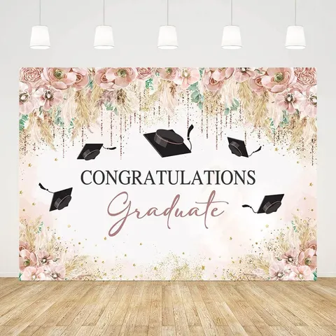 Pink Graduation Party Photography Backdrop Congrats Grad Class of 2026 Polyester Photo Booth Background For Party Decoration