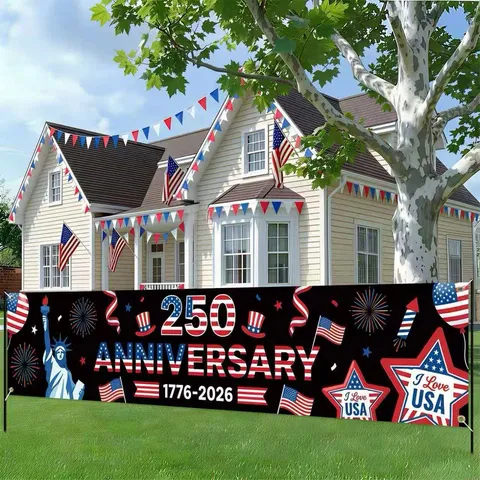 Patriotic USA 250th Anniversary Banner Polyester Statue of Liberty Flag Independence Day Outdoor Yard Garden Fence Hanging Banner Festive Decor