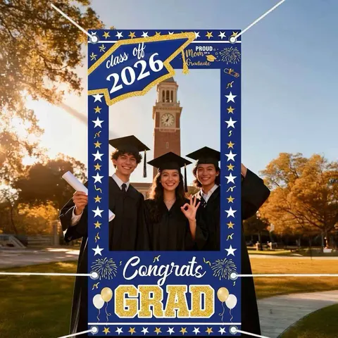 Congrats Grad Class of 2026 Graduation Photo Booth Frame Cut-out Background Cloth Graduation Party Decorations Prop Banner For High School College University Students