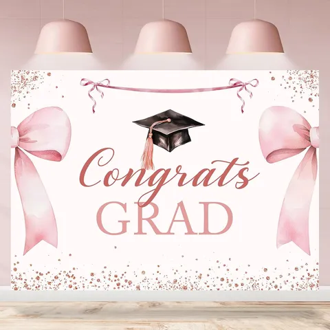 Pink Graduation Party Photography Backdrop Congrats Grad Class of 2026 Polyester Photo Booth Background For Party Decoration