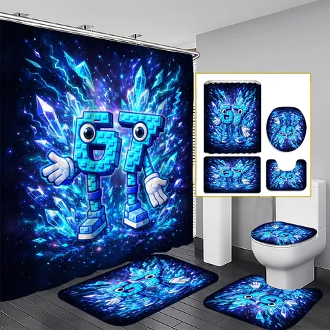 Modern Digital Printed Bathroom Shower Curtain Mat Combination Set Waterproof Polyester Fabric Bathroom Decoration With Toilet Lid Cover Rug