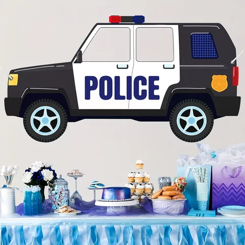 Cartoon Police Car Shaped Cutout Background Cloth Kids Birthday Party Photo Prop Pongee Fabric Banner Wall Decoration