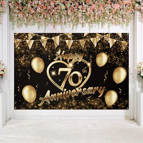 Black Gold 70th Anniversary Backdrop Cloth Polyester Pongee Heart Balloon Pattern Wedding Anniversary Party Decoration Banner Photo Prop