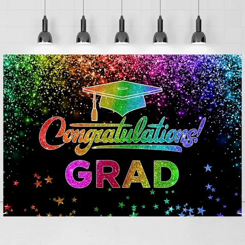 Congratulations Grad Graduation Party Backdrop Black Polyester Photography Background Banner Graduation Cap Stars Party Decoration Props