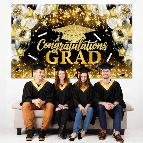 Luxury Black Gold Graduation Backdrop Congratulations Grad Balloon Cap Pattern Banner Graduation Party Photography Background Cloth