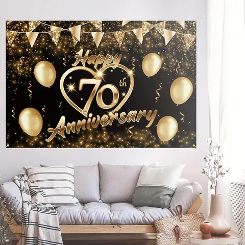 Black Gold 70th Anniversary Backdrop Cloth Polyester Pongee Heart Balloon Pattern Wedding Anniversary Party Decoration Banner Photo Prop