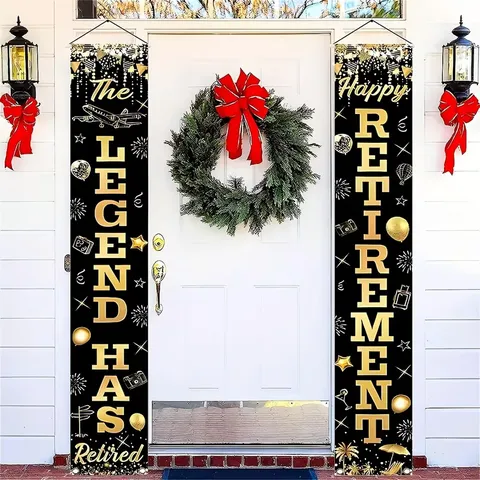 Black Gold Happy Retirement Porch Banner Decorative Pongee Fabric Hanging Flags Hanging Sign For Party Home Porch Door Decorations