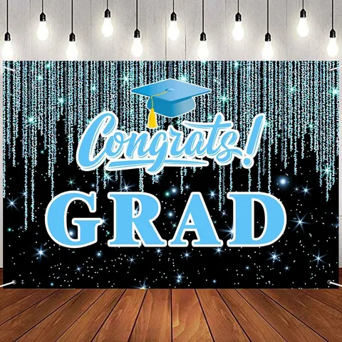 Congratulations Grad Graduation Party Backdrop Black Polyester Photography Background Banner Graduation Cap Stars Party Decoration Props